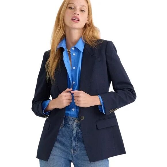 J. Crew Superfine Cotton Classic Two-Button Blazer in Navy Blue Size 0 - Picture 1 of 8